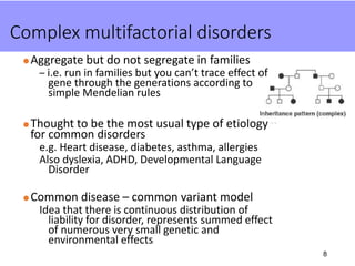 Complex multifactorial disorders
Aggregate but do not segregate in families
– i.e. run in families but you can’t trace effect of
gene through the generations according to
simple Mendelian rules
Thought to be the most usual type of etiology
for common disorders
e.g. Heart disease, diabetes, asthma, allergies
Also dyslexia, ADHD, Developmental Language
Disorder
Common disease – common variant model
Idea that there is continuous distribution of
liability for disorder, represents summed effect
of numerous very small genetic and
environmental effects
8
 
