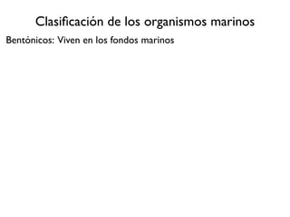 Clasiﬁcación de los organismos marinos
Bentónicos: Viven en los fondos marinos
 