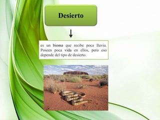 Desierto
es un bioma que recibe poca lluvia.
Poseen poca vida en ellos, pero eso
depende del tipo de desierto.
 