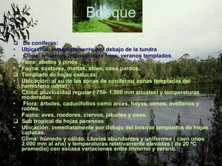 De coníferas: Ubicación: inmediatamente por debajo de la tundra Clima: inviernos intensamente fríos; veranos templados Flora: abetos y pinos Fauna: castores, martas, alces, osos pardos. Templado de hojas caducas: Ubicación: al su de las zonas de coníferas( zonas templadas del hemisferio norte) Clima: pluviosidad regular ( 750- 1.500 mm anuales) y temperaturas moderadas. Flora: árboles, caducifolios como arces, hayas, olmos, avellanos y robles. Fauna: aves, roedores, ciervos, jabalíes y osos. Sub tropical de hojas perennes: Ubicación: inmediatamente por debajo del bosque templados de hojas caducas. Clima: húmedo y cálido. Lluvias abundantes y uniformes ( caen unos 2.000 mm al año) y temperaturas relativamente elevadas ( de 20 ºC promedio) con escasa variaciones entre invierno y verano. Bosque 
