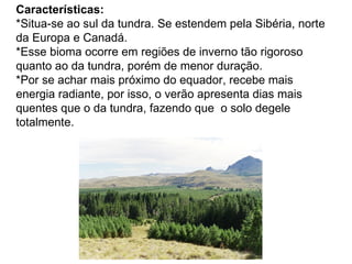 Características:
*Situa-se ao sul da tundra. Se estendem pela Sibéria, norte
da Europa e Canadá.
*Esse bioma ocorre em regiões de inverno tão rigoroso
quanto ao da tundra, porém de menor duração.
*Por se achar mais próximo do equador, recebe mais
energia radiante, por isso, o verão apresenta dias mais
quentes que o da tundra, fazendo que o solo degele
totalmente.
 