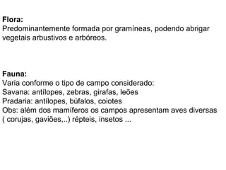 Flora:
Predominantemente formada por gramíneas, podendo abrigar
vegetais arbustivos e arbóreos.



Fauna:
Varia conforme o tipo de campo considerado:
Savana: antílopes, zebras, girafas, leões
Pradaria: antílopes, búfalos, coiotes
Obs: além dos mamíferos os campos apresentam aves diversas
( corujas, gaviões,..) répteis, insetos ...
 