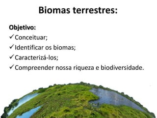 Biomas terrestres:
Objetivo:
Conceituar;
Identificar os biomas;
Caracterizá-los;
Compreender nossa riqueza e biodiversidade.
 