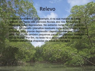 Relevo
• O relevo Amazônico, por exemplo, é na sua maioria de baixa
altitude, em razão das planícies fluviais dos rios Amazonas e
Araguaia, e das depressões. No extremo norte, há um pequeno
pedaço de planalto (planaltos residuais norte-amazônicos), e logo
embaixo, uma grande depressão (depressão marginal norte-
amazônica). Há também pequenas partes de planaltos residuais no
sul da região. Por fim, no leste há a depressão do Araguaia, e
também planaltos e chapadas da bacia do Parnaíba
 