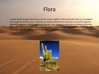 Flora
• A maior parte da água pluvial que ocorre nessas regiões é absorvida pela areia ou se evapora
sob a ação de ventos secos. somente nas franjas externas dos desertos se encontra alguma
vegetação esparsa. Essa flora abrange plantas cujas raízes permanentes se cobrem de brotos
depois de cada chuva e de cactos que armazenam água em seus ramos grossos e espinhosos.
Essa vegetação oferece suprimento de água minguado e incerto para a fauna desértica
.
 
