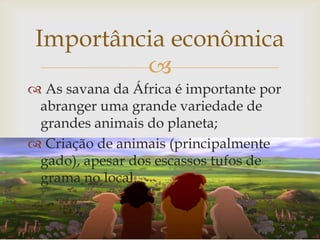 
 As savana da África é importante por
abranger uma grande variedade de
grandes animais do planeta;
 Criação de animais (principalmente
gado), apesar dos escassos tufos de
grama no local.
Importância econômica
 