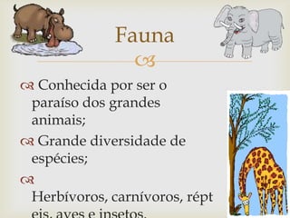 
 Conhecida por ser o
paraíso dos grandes
animais;
 Grande diversidade de
espécies;

Herbívoros, carnívoros, répt
Fauna
 