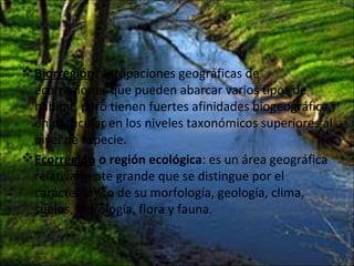 Biorregión: agrupaciones geográficas de
ecorregiones que pueden abarcar varios tipos de
hábitat, pero tienen fuertes afinidades biogeográfica,
en particular en los niveles taxonómicos superiores al
nivel de especie.
Ecorregión o región ecológica: es un área geográfica
relativamente grande que se distingue por el
carácter único de su morfología, geología, clima,
suelos, hidrología, flora y fauna.
 