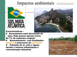 Impactos ambientais

Características :
# Ecossistema mais devastado do
país. Hoje possui apenas cerca
de 7% da cobertura original
# Desmatamento com finalidades
agrárias e processos de lixiviação
# Poluição do ar, solo e águas
devido a intensa urbanização e
concentração industrial

Este material é parte integrante de :
http://salacristinageo.blogspot.com

 
