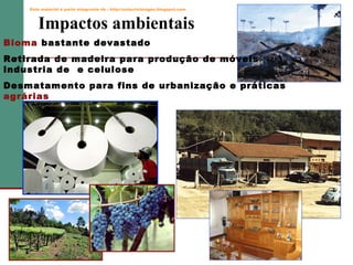 Este material é parte integrante de : http://salacristinageo.blogspot.com

Impactos ambientais
Bioma bastante devastado
Retirada de madeira para produção de móveis
industria de e celulose
Desmatamento para fins de urbanização e práticas
agrárias

 