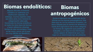 Algunos discuten si el bioma 
endolítico es realmente una 
clasificación separada. Sin 
embargo, muchos expertos creen 
que estos seres vivos merecen la 
categorización adecuada. 
Encontrarás los biomas endolíticos 
en todos los otros tipos de biomas, 
y hacen referencia a diversas 
formas de vida microscópica. Viven 
en las rocas y poros, por lo que 
son muy difíciles de identificar y 
categorizar. 
Quizás el elemento más complicado de los 
biomas son los biomas antropogénicos. Este 
tiene que ver con los esfuerzos humanos, y la 
tierra utilizada para la siembra de alimentos a 
través de la agricultura cae en esta categoría. 
Las formas de vegetación que pueden ser 
evaluadas, y con base en esa información, 
somos capaces de determinar que crece 
mejor en un determinado tipo de ambiente. 
 