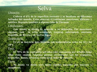 Selva 
Ubicación: 
Cubren el 6% de la superficie terrestre y se localizan en diferentes 
latitudes del mundo. Estas abarcan el continente americano, africano y 
asiático, llegando también a algunas islas de Oceanía. 
Clasificación: 
Este bioma se divide de acuerdo a su ubicación. Por mencionar 
algunas, está la selva ecuatorial, tropical, subtropical, montana, 
tropófila, de Rivera y de tierras bajas. 
Temperaturas: 
Es en su mayoría muy húmedo con temperaturas entre los 18 y los 
29°C. 
Flora: 
El 70% de la vegetación selvática está compuesta por árboles tanto 
altos como enanos. Algunas plantas encontradas son las orquídeas, 
bromelias, lianas, arbustos, entre otras miles de especies. 
Fauna: 
Su fauna va desde aves hasta reptiles pasando por insectos y 
mamiferos. 
 