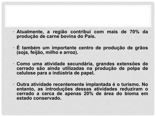 • Atualmente, a região contribui com mais de 70% da
produção de carne bovina do País.
• É também um importante centro de produção de grãos
(soja, feijão, milho e arroz).
• Como uma atividade secundária, grandes extensões de
cerrado são ainda utilizadas na produção de polpa de
celulose para a indústria de papel.
• Outra atividade recentemente implantada é o turismo. No
entanto, as introduções dessas atividades reduziram o
cerrado a cerca de apenas 20% de área do bioma em
estado conservado.
 