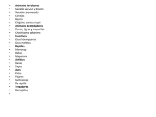 • Animales herbívoros
• Ganado vacuno y Bovino
• Venado caramerudo
• Conejos
• Bquiro
• Chigüire, danto y tapir
• Animales depredadores
• Zorros, tigres y mapurites
• Chachicamo sabanero
• Insectivos
• Osos hormigueros
• Osos meleros
• Reptiles
• Morrocoy
• Babas
• Mapanare
• Anfibios
• Ranas
• Sapos
• Aves
• Patos
• Pajaros
• Gallinaceas
• De rapiña
• Trepadores
• Garrapatas
•
 