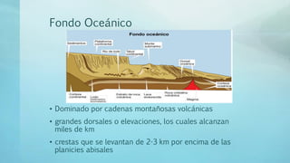 Fondo Oceánico
• Dominado por cadenas montañosas volcánicas
• grandes dorsales o elevaciones, los cuales alcanzan
miles de km
• crestas que se levantan de 2-3 km por encima de las
planicies abisales
 