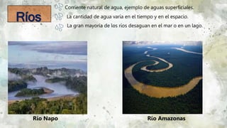 74
Ríos
Río Napo Río Amazonas
Corriente natural de agua, ejemplo de aguas superficiales.
La cantidad de agua varía en el tiempo y en el espacio.
La gran mayoría de los ríos desaguan en el mar o en un lago.
 