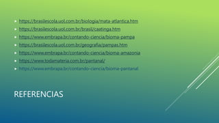 REFERENCIAS
 https://brasilescola.uol.com.br/biologia/mata-atlantica.htm
 https://brasilescola.uol.com.br/brasil/caatinga.htm
 https://www.embrapa.br/contando-ciencia/bioma-pampa
 https://brasilescola.uol.com.br/geografia/pampas.htm
 https://www.embrapa.br/contando-ciencia/bioma-amazonia
 https://www.todamateria.com.br/pantanal/
 https://www.embrapa.br/contando-ciencia/bioma-pantanal
 