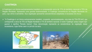  "A Caatinga é um bioma exclusivamente brasileiro, ocupando, aproximadamente, uma área de 734.478 km2, que
corresponde a cerca de 70% da Região Nordeste e 11% do território nacional. O nome “Caatinga” possui origem tupi-
guarani e significa “floresta branca”. Essa denominação representa as características da vegetação desse
ecossistema, cujas folhas caem no período da seca.
A Caatinga é um bioma exclusivamente brasileiro e compreende cerca de 11% do território nacional e 70% da
Região Nordeste. Apresenta uma grande biodiversidade. A Caatinga concentra-se na Região Nordeste do
país, cujo clima é semiárido. Sua vegetação apresenta características adaptadas à escassez de chuva.
CAATINGA
 