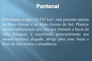 Pantanal
O Pantanal ocupa 150.355 km²: está presente apenas
no Mato Grosso e no Mato Grosso do Sul. Planície
aluvial influenciada por rios que formam a bacia do
Alto Paraguai, é constituído principalmente por
savana estépica alagada, abrigo para uma fauna e
flora de rara beleza e abundância.
 