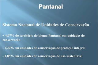 Pantanal
Sistema Nacional de Unidades de Conservação
- 4,07% do território do bioma Pantanal em unidades de
conservação
- 2,22% em unidades de conservação de proteção integral
- 1,85% em unidades de conservação de uso sustentável
 
