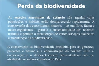 Perda da biodiversidade
As espécies ameaçadas de extinção são aquelas cujas
populações e habitats estão desaparecendo rapidamente. A
conservação dos ecossistemas naturais – de sua flora, fauna e
micro-organismos – garante a sustentabilidade dos recursos
naturais e permite a manutenção de vários serviços essenciais
à manutenção da biodiversidade.
A conservação da biodiversidade brasileira para as gerações
presentes e futuras e a administração do conflito entre a
conservação e o desenvolvimento não-sustentável são, na
atualidade, os maiores desafios do País.
 