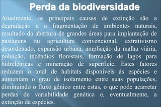 Atualmente, as principais causas de extinção são a
degradação e a fragmentação de ambientes naturais,
resultado da abertura de grandes áreas para implantação de
pastagens ou agricultura convencional, extrativismo
desordenado, expansão urbana, ampliação da malha viária,
poluição, incêndios florestais, formação de lagos para
hidrelétricas e mineração de superfície. Estes fatores
reduzem o total de habitats disponíveis às espécies e
aumentam o grau de isolamento entre suas populações,
diminuindo o fluxo gênico entre estas, o que pode acarretar
perdas de variabilidade genética e, eventualmente, a
extinção de espécies.
Perda da biodiversidade
 