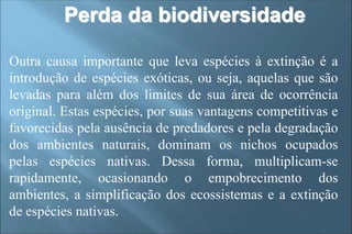 Outra causa importante que leva espécies à extinção é a
introdução de espécies exóticas, ou seja, aquelas que são
levadas para além dos limites de sua área de ocorrência
original. Estas espécies, por suas vantagens competitivas e
favorecidas pela ausência de predadores e pela degradação
dos ambientes naturais, dominam os nichos ocupados
pelas espécies nativas. Dessa forma, multiplicam-se
rapidamente, ocasionando o empobrecimento dos
ambientes, a simplificação dos ecossistemas e a extinção
de espécies nativas.
Perda da biodiversidade
 