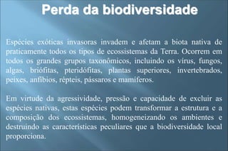 Espécies exóticas invasoras invadem e afetam a biota nativa de
praticamente todos os tipos de ecossistemas da Terra. Ocorrem em
todos os grandes grupos taxonômicos, incluindo os vírus, fungos,
algas, briófitas, pteridófitas, plantas superiores, invertebrados,
peixes, anfíbios, répteis, pássaros e mamíferos.
Em virtude da agressividade, pressão e capacidade de excluir as
espécies nativas, estas espécies podem transformar a estrutura e a
composição dos ecossistemas, homogeneizando os ambientes e
destruindo as características peculiares que a biodiversidade local
proporciona.
Perda da biodiversidade
 