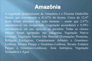 Amazônia
A vegetação predominante da Amazônia é a Floresta Ombrófila
Densa, que corresponde a 41,67% do bioma. Cerca de 12,47
deste foram alterados por ação humana – sendo que 2,97%
encontram-se em recuperação (vegetação secundária) e 9,50%
encontram-se em uso agrícola ou pecuária. Todas as classes
obtidas foram agrupadas nas categorias Vegetação Nativa
Florestal, Vegetação Nativa Não florestal (Formações Pioneiras,
Refúgios Ecológicos, Campinaranas Arbustiv e Gramíneo-
Lenhosa, Savana Parque e Gramíneo-Lenhosa, Savana Estépica
Parque e Gramíneo-Lenhosa), Área Antrópica, Vegetação
Secundária e Água.
 