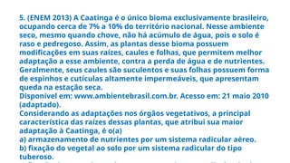 5. (ENEM 2013) A Caatinga é o único bioma exclusivamente brasileiro,
ocupando cerca de 7% a 10% do território nacional. Nesse ambiente
seco, mesmo quando chove, não há acúmulo de água, pois o solo é
raso e pedregoso. Assim, as plantas desse bioma possuem
modificações em suas raízes, caules e folhas, que permitem melhor
adaptação a esse ambiente, contra a perda de água e de nutrientes.
Geralmente, seus caules são suculentos e suas folhas possuem forma
de espinhos e cutículas altamente impermeáveis, que apresentam
queda na estação seca.
Disponível em: www.ambientebrasil.com.br. Acesso em: 21 maio 2010
(adaptado).
Considerando as adaptações nos órgãos vegetativos, a principal
característica das raízes dessas plantas, que atribui sua maior
adaptação à Caatinga, é o(a)
a) armazenamento de nutrientes por um sistema radicular aéreo.
b) fixação do vegetal ao solo por um sistema radicular do tipo
tuberoso.
 