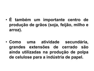 • É também um importante centro de 
produção de grãos (soja, feijão, milho e 
arroz). 
• Como uma atividade secundária, 
grandes extensões de cerrado são 
ainda utilizadas na produção de polpa 
de celulose para a indústria de papel. 
 