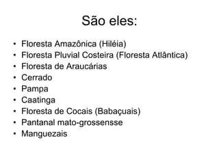 São eles: 
• Floresta Amazônica (Hiléia) 
• Floresta Pluvial Costeira (Floresta Atlântica) 
• Floresta de Araucárias 
• Cerrado 
• Pampa 
• Caatinga 
• Floresta de Cocais (Babaçuais) 
• Pantanal mato-grossensse 
• Manguezais 
 