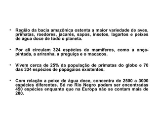 • Região da bacia amazônica ostenta a maior variedade de aves, 
primatas, roedores, jacarés, sapos, insetos, lagartos e peixes 
de água doce de todo o planeta. 
• Por ali circulam 324 espécies de mamíferos, como a onça-pintada, 
a ariranha, a preguiça e o macacos. 
• Vivem cerca de 25% da população de primatas do globo e 70 
das 334 espécies de papagaios existentes. 
• Com relação a peixe de água doce, concentra de 2500 a 3000 
espécies diferentes. Só no Rio Negro podem ser encontradas 
450 espécies enquanto que na Europa não se contam mais de 
200. 
 