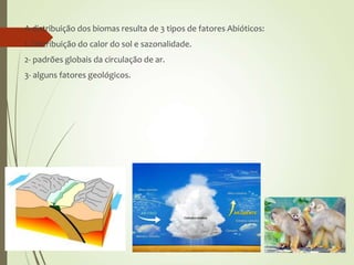 A distribuição dos biomas resulta de 3 tipos de fatores Abióticos:
1- Distribuição do calor do sol e sazonalidade.
2- padrões globais da circulação de ar.
3- alguns fatores geológicos.
 