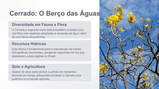 Cerrado: O Berço das Águas
Diversidade em Fauna e Flora
O Cerrado é segundo maior bioma brasileiro e possui uma
rica flora com espécies adaptadas à escassez de água, além
de uma fauna diversificada.
Recursos Hídricos
Este bioma é fundamental para a manutenção de bacias
hidrográficas importantes, abrigando nascentes de rios que
abastecem outras regiões do Brasil.
Solo e Agricultura
Apesar de seus solos ácidos e pobres em nutrientes,
técnicas de manejo adequadas tornaram o Cerrado uma
potência na produção agrícola.
 