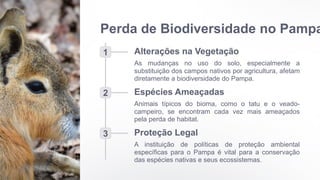 Perda de Biodiversidade no Pampa
1 Alterações na Vegetação
As mudanças no uso do solo, especialmente a
substituição dos campos nativos por agricultura, afetam
diretamente a biodiversidade do Pampa.
2 Espécies Ameaçadas
Animais típicos do bioma, como o tatu e o veado-
campeiro, se encontram cada vez mais ameaçados
pela perda de habitat.
3 Proteção Legal
A instituição de políticas de proteção ambiental
específicas para o Pampa é vital para a conservação
das espécies nativas e seus ecossistemas.
 