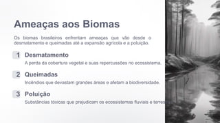 Ameaças aos Biomas
Os biomas brasileiros enfrentam ameaças que vão desde o
desmatamento e queimadas até a expansão agrícola e a poluição.
1 Desmatamento
A perda da cobertura vegetal e suas repercussões no ecossistema.
2 Queimadas
Incêndios que devastam grandes áreas e afetam a biodiversidade.
3 Poluição
Substâncias tóxicas que prejudicam os ecossistemas fluviais e terrestres.
 