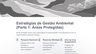 Estratégias de Gestão Ambiental
(Parte 1: Áreas Protegidas)
Áreas protegidas atuam como reservatórios de biodiversidade e amortecedores contra as
transformações antrópicas rápidas.
1 Parques Nacionais
Refúgios para a vida
selvagem e
laboratórios naturais
para a pesquisa.
2 Reservas Biológicas
Santuarios dedicados
à preservação de
ecossistemas
específicos.
3 UCs de Uso
Sustentável
Unidades que
permitem a
convivência
equilibrada entre
 