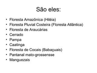 São eles:
• Floresta Amazônica (Hiléia)
• Floresta Pluvial Costeira (Floresta Atlântica)
• Floresta de Araucárias
• Cerrado
• Pampa
• Caatinga
• Floresta de Cocais (Babaçuais)
• Pantanal mato-grossensse
• Manguezais
 