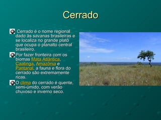 Cerrado Cerrado é o nome regional dado às savanas brasileiras e se localiza no grande platô que ocupa o planalto central brasileiro. Por fazer fronteira com os biomas  Mata Atlântica ,  Caatinga ,  Amazônia  e  Pantanal , a fauna e flora do cerrado são extremamente ricas. O  clima  do cerrado é quente, semi-úmido, com verão chuvoso e inverno seco.  