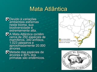 Mata Atlântica Devido à variações ambientais extremas neste bioma, sua biodiversidade é extremamente alta.  A Mata Atlântica contêm cerca de 250 espécies de mamíferos, 340 anfíbios, 1.023 pássaros e aproximadamente 20.000 árvores.  Metade das espécies de árvores e 80% dos primatas são endêmicos.  