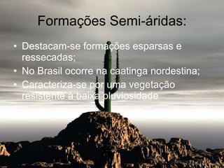 Formações Semi-áridas: Destacam-se formações esparsas e ressecadas; No Brasil ocorre na caatinga nordestina; Caracteriza-se por uma vegetação resistente à baixa pluviosidade . 