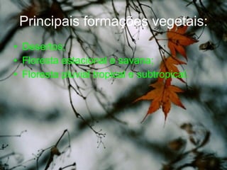 Principais formações vegetais: Desertos; Floresta estacional e savana; Floresta pluvial tropical e subtropical. 