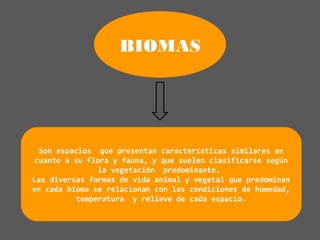 BIOMAS
Son espacios que presentan características similares en
cuanto a su flora y fauna, y que suelen clasificarse según
la vegetación predominante.
Las diversas formas de vida animal y vegetal que predominan
en cada bioma se relacionan con las condiciones de humedad,
temperatura y relieve de cada espacio.
 