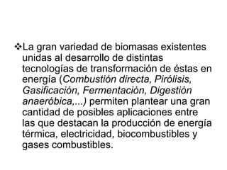 La gran variedad de biomasas existentes
 unidas al desarrollo de distintas
 tecnologías de transformación de éstas en
 energía (Combustión directa, Pirólisis,
 Gasificación, Fermentación, Digestión
 anaeróbica,...) permiten plantear una gran
 cantidad de posibles aplicaciones entre
 las que destacan la producción de energía
 térmica, electricidad, biocombustibles y
 gases combustibles.
 