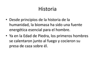 Historia
• Desde principios de la historia de la
  humanidad, la biomasa ha sido una fuente
  energética esencial para el hombre.
• Ya en la Edad de Piedra, los primeros hombres
  se calentaron junto al fuego y cocieron su
  presa de caza sobre él.
 