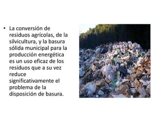 • La conversión de
  residuos agrícolas, de la
  silvicultura, y la basura
  sólida municipal para la
  producción energética
  es un uso eficaz de los
  residuos que a su vez
  reduce
  significativamente el
  problema de la
  disposición de basura.
 