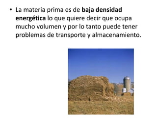 • La materia prima es de baja densidad
  energética lo que quiere decir que ocupa
  mucho volumen y por lo tanto puede tener
  problemas de transporte y almacenamiento.
 