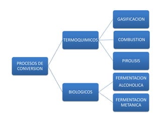 GASIFICACION



              TERMOQUIMICOS   COMBUSTION



                                PIROLISIS
PROCESOS DE
CONVERSION

                              FERMENTACION
                               ALCOHOLICA
                BIOLOGICOS
                              FERMENTACION
                                METANICA
 
