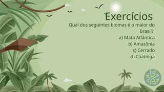 Exercícios
Qual dos seguintes biomas é o maior do
Brasil?
a) Mata Atlântica
b) Amazônia
c) Cerrado
d) Caatinga
 